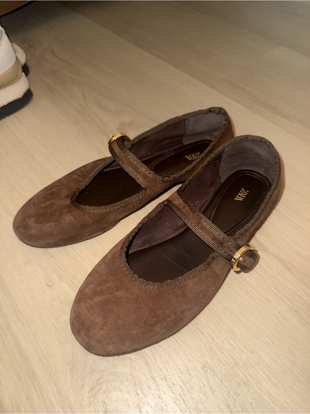 Zara Brown Suede Mary-Jane Flats with Gold Buckle